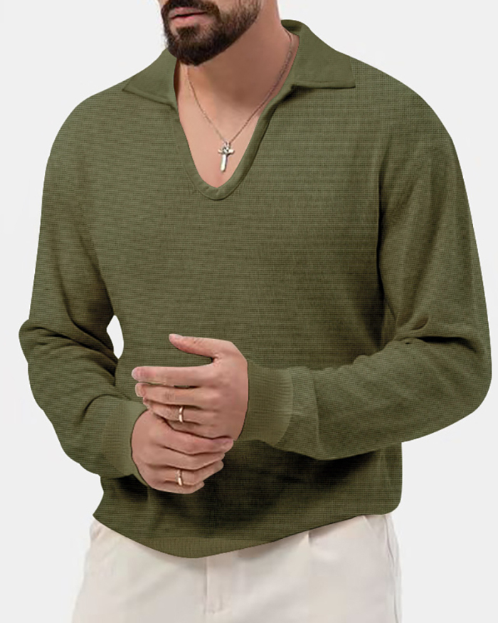 Autumn Men Solid Color Lapel V-neck Long Sleeve Waffle T-shirt Knitwear White Black Army Green Khaki Blue Apricot Gray S-3XL
