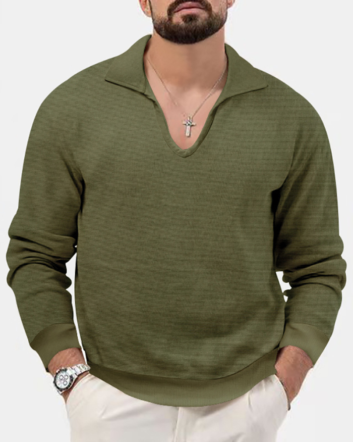 Autumn Men Solid Color Lapel V-neck Long Sleeve Waffle T-shirt Knitwear White Black Army Green Khaki Blue Apricot Gray S-3XL