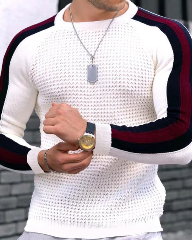 Men's Long Sleeve O Neck Colorblock Casual Knitwear T-shirt White Navy Blue Black Gray Khaki Red S-3XL