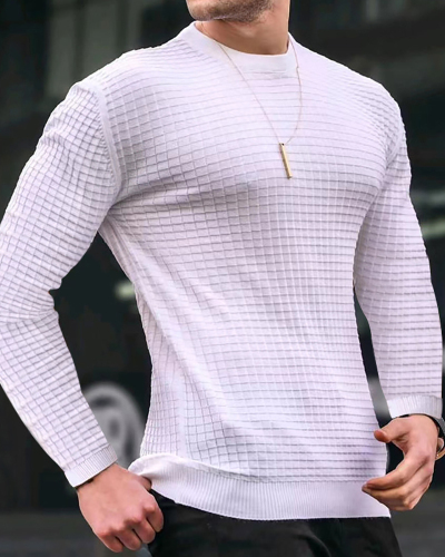 Autumn Small Checkered Men's Trend Round Neck Pullover Loose Knitted Long Sleeve T Shirt White Black Army Green Khaki Deep Gray S-3XL