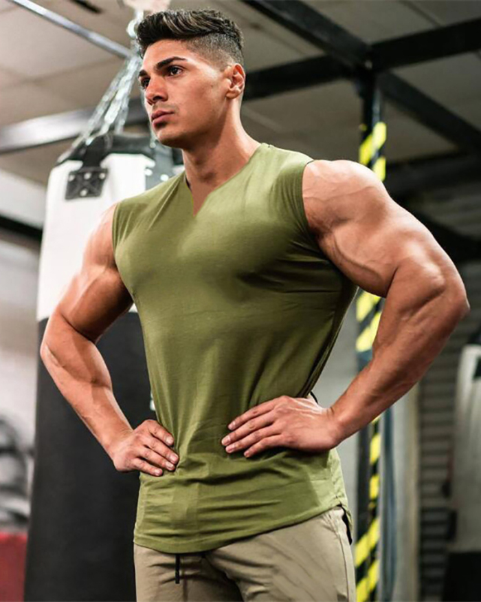 Men's Solid Color Summer V Neck Sports Vest Running Top White Gray Black Army Green Wine Red M-2XL