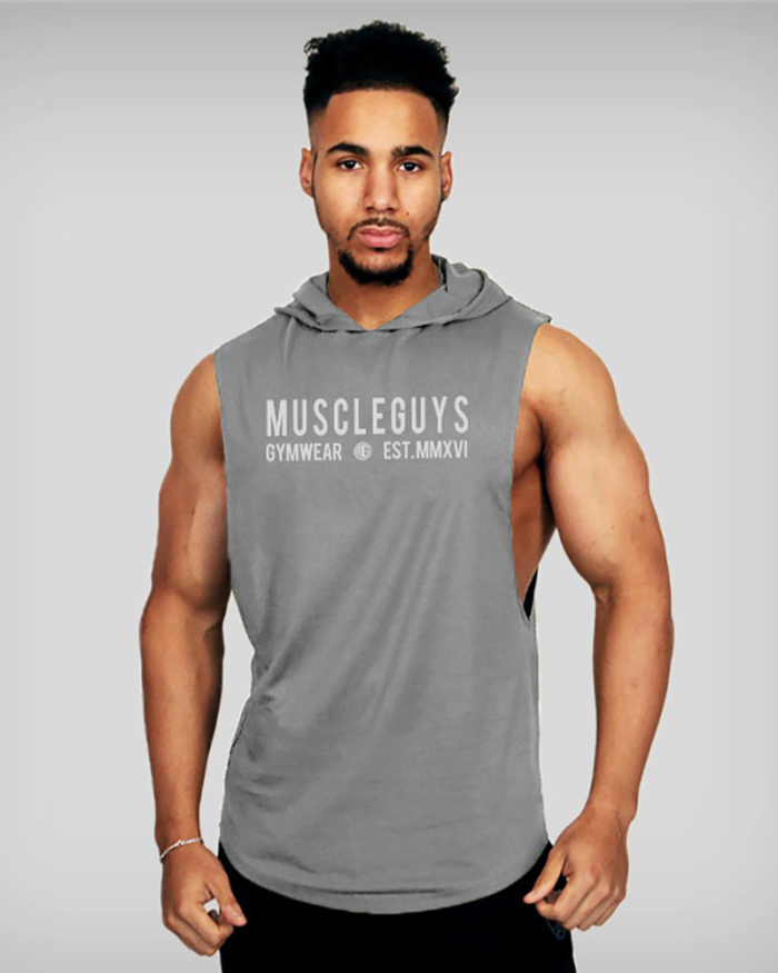 Muscular Men Bodybuilding Fitness Vest Sports Hooded Vest Letter Loose Hurdle Training Sleeveless Top M-2XL