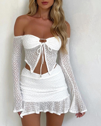 Long Sleeve Lace Sexy Two Piece Skirt Set S-XL