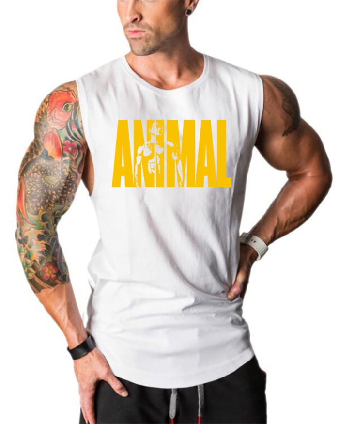 Summer Popular Animal Printed Breathable Men's Loose Running Sports Training Sleeveless T-shirt Vest White Red Gray Black Blue M-2XL