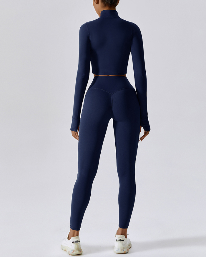 Long Sleeve Women Sports Coat Fitness Bra High Waist Leggings Three Pieces Sets Black Blue Gray Green Red S-XL