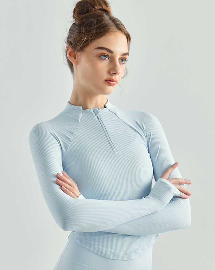 Women Slim Solid Color Long Sleeve Half Zipper Knit Yoga Tops Blue Ivory Khaki Black S-XL