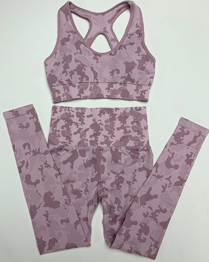 New Popular Seamless Camo Printed Sports Bra Pants Sets Yoga Two-piece Set Pink Green Brown Gray S-L