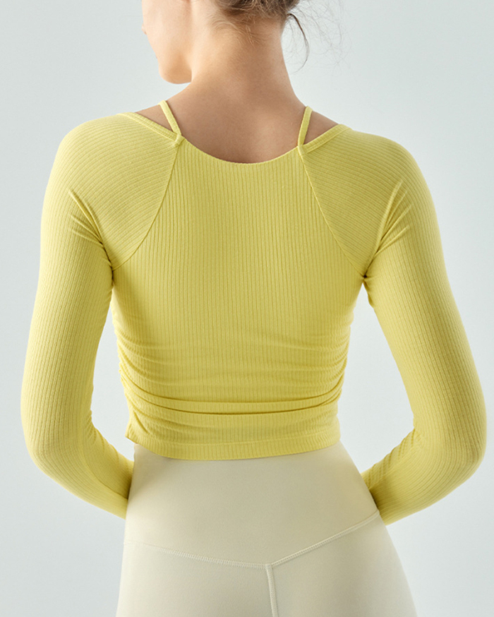 Woman Fixed Pad Long Sleeve Solid Color GYM Slim Sports Yoga Tops Green Yellow Khaki White Black S-XL