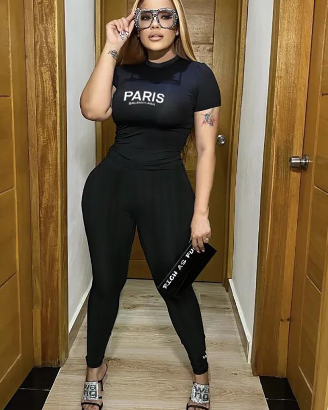 Short Sleeve Black Letter Printed Women Two Piece Pabt Set S-XXL