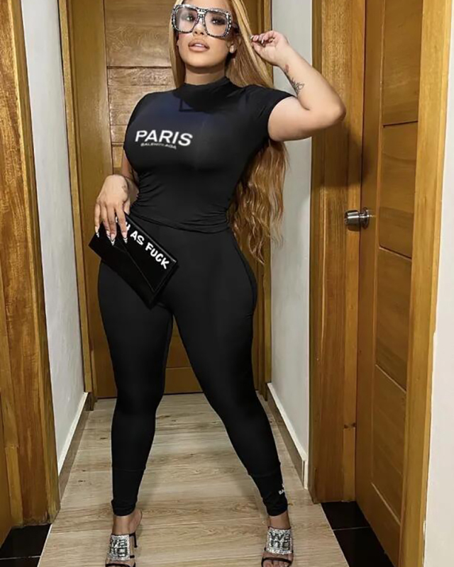 Short Sleeve Black Letter Printed Women Two Piece Pabt Set S-XXL