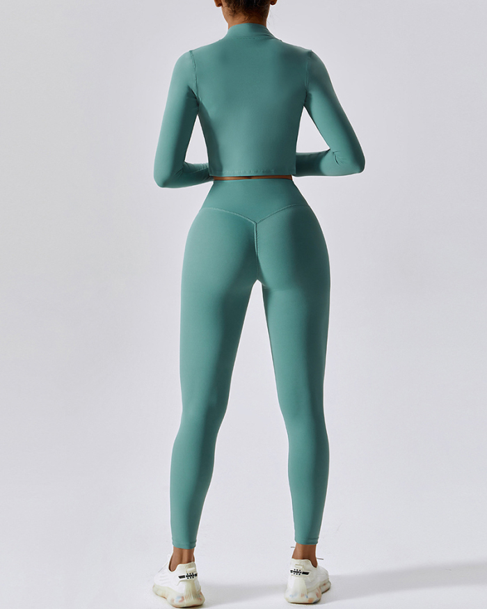 Long Sleeve Women Sports Coat Fitness Bra High Waist Leggings Three Pieces Sets Black Blue Gray Green Red S-XL