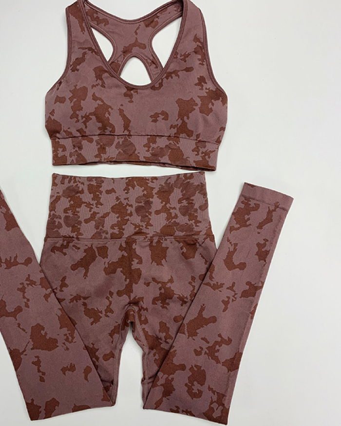 New Popular Seamless Camo Printed Sports Bra Pants Sets Yoga Two-piece Set Pink Green Brown Gray S-L