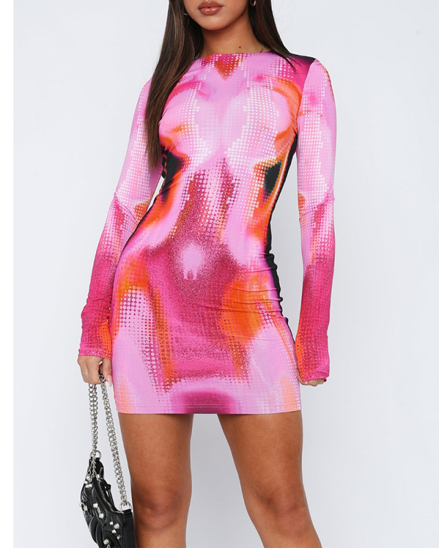 Long Sleeve Printed Women Cute Mini Casual Dress S-XL