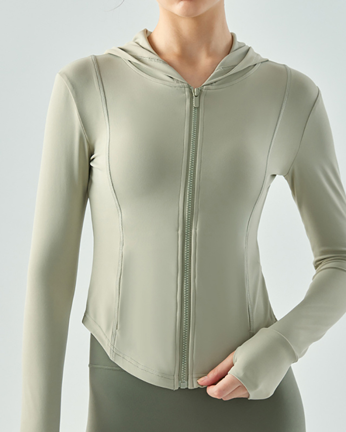 Autumn Winter Outdoor Sports Coat Woman Slim Casual Zipper Hoodies Yoga Long Sleeve Running Fitness Coat Green Khaki Beige Black S-XL