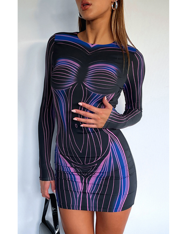 Long Sleeve Printed Women Cute Mini Casual Dress S-XL