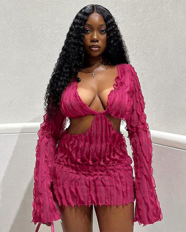 Long Sleeve Women Hollow Out Dress S-L