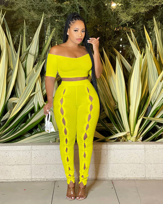 Hollow Out Wholesale Women Summer Two Piece Pant Set S-XXL