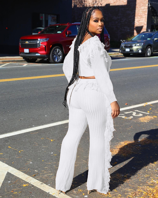 Women Casual Long Sleeve Tassel Knit Pants Sets Two Pieces Outfit Black Red Apricot White S-2XL