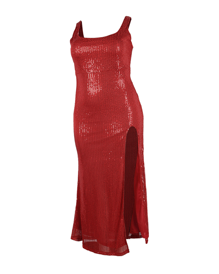 Women Solid Color Sequin Sleeveless U Neck High Slit Plus Size Dresses Evening Dresses Black Red Green Gold Blue L-3XL