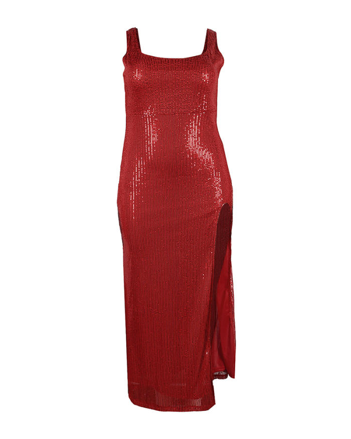 Women Solid Color Sequin Sleeveless U Neck High Slit Plus Size Dresses Evening Dresses Black Red Green Gold Blue L-3XL