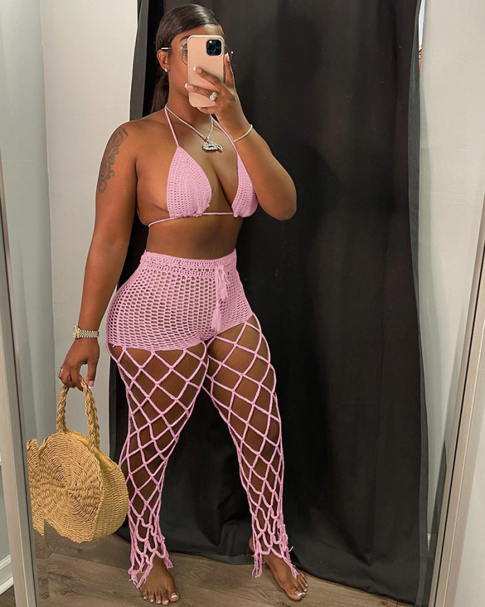 Woman Hollow Out Halter Neck Bra Beach Wear Mesh Pants Sets Two Pieces Outfit White Pink Black Blue Brown S-XL