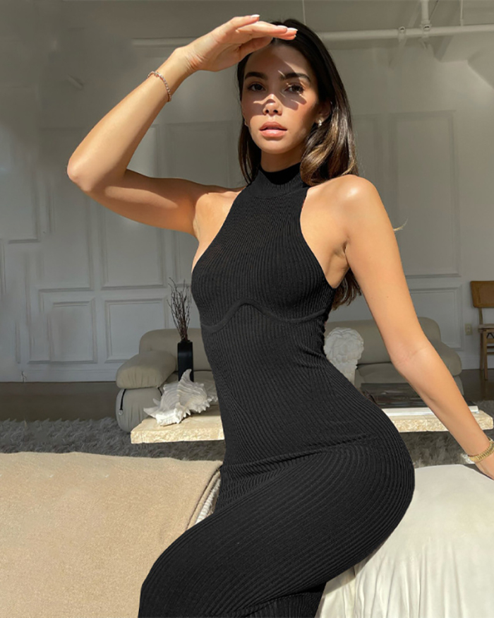 Women Sleeveless Summer Solid Color Backless One-piece Maxi Knit Dress Black Coffee S-L