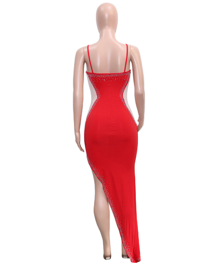 Women Fashion Rhinestone Sexy Sling Mesh See Through High Slit Maxi Dress Black White Red Blue S-2XL