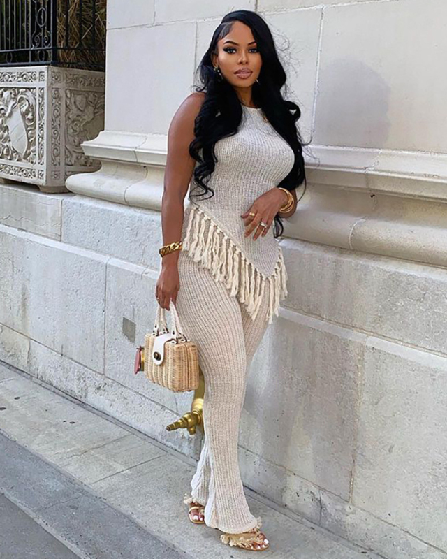 Irregular Knitted Women Summer Fringe Two Piece Pant Set S-XL