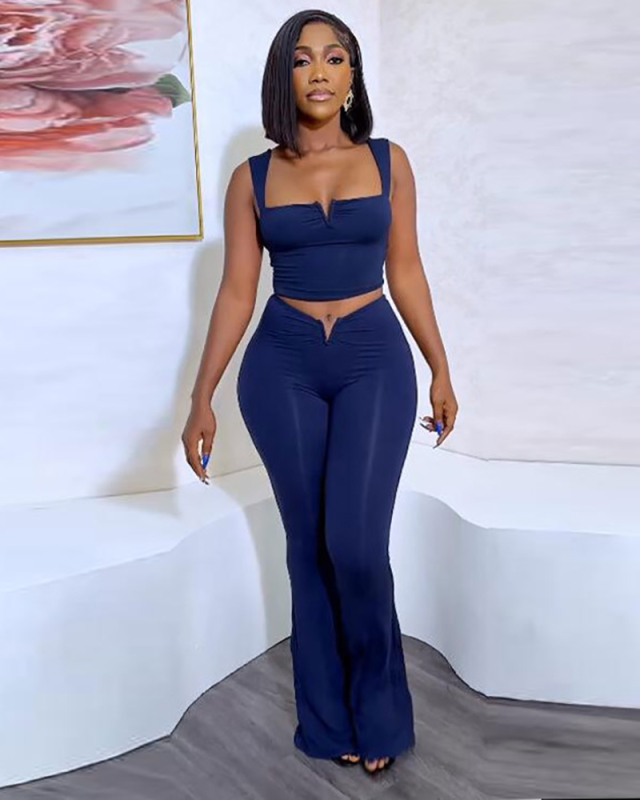High Waist Women Solid Color Two Piece Pant Set S-3XL