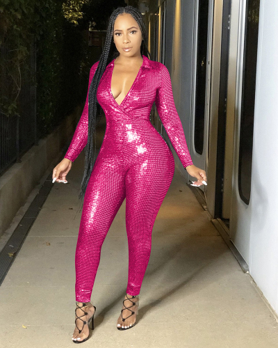 Autumn Sexy Deep V Neck Sequin Slim Casual Sports Long Sleeve Jumpsuits Yellow Silver Rosy S-XL