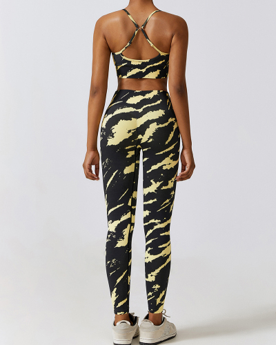 Camo Printing Seamless Yoga Quick Dry High Waist Running Fitness Tight Pants Sets Yoga Two-piece Sets S-L