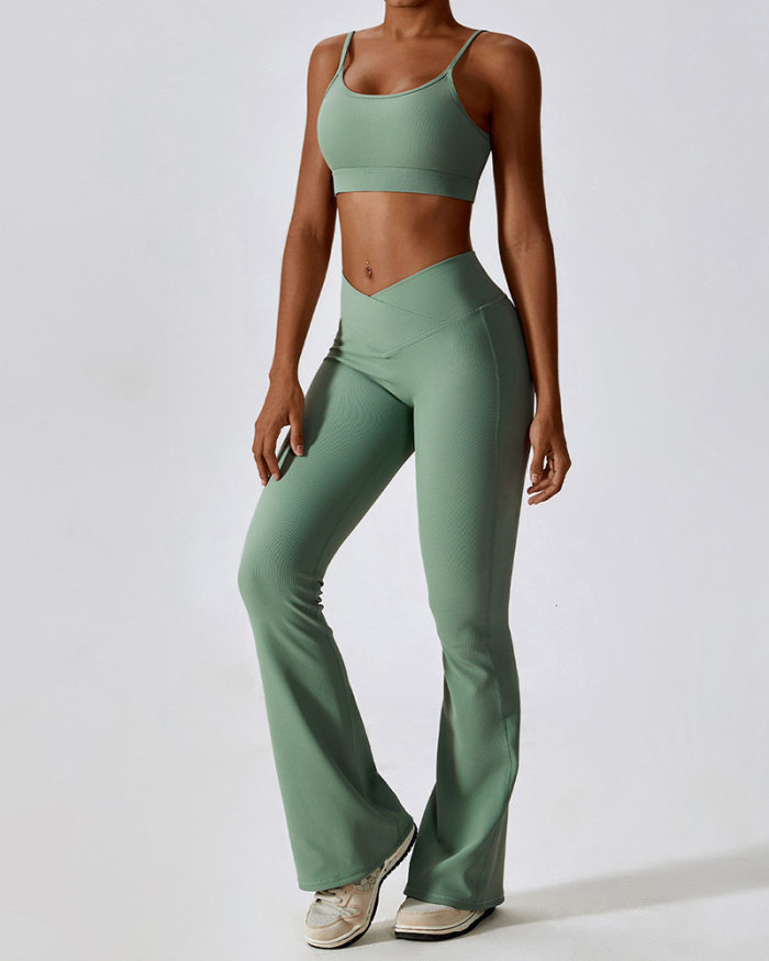 Woman Strappy Back Bra Criss Waist Flare Pants Sets Yoga Two-piece Set Black Green White Blue S-XL