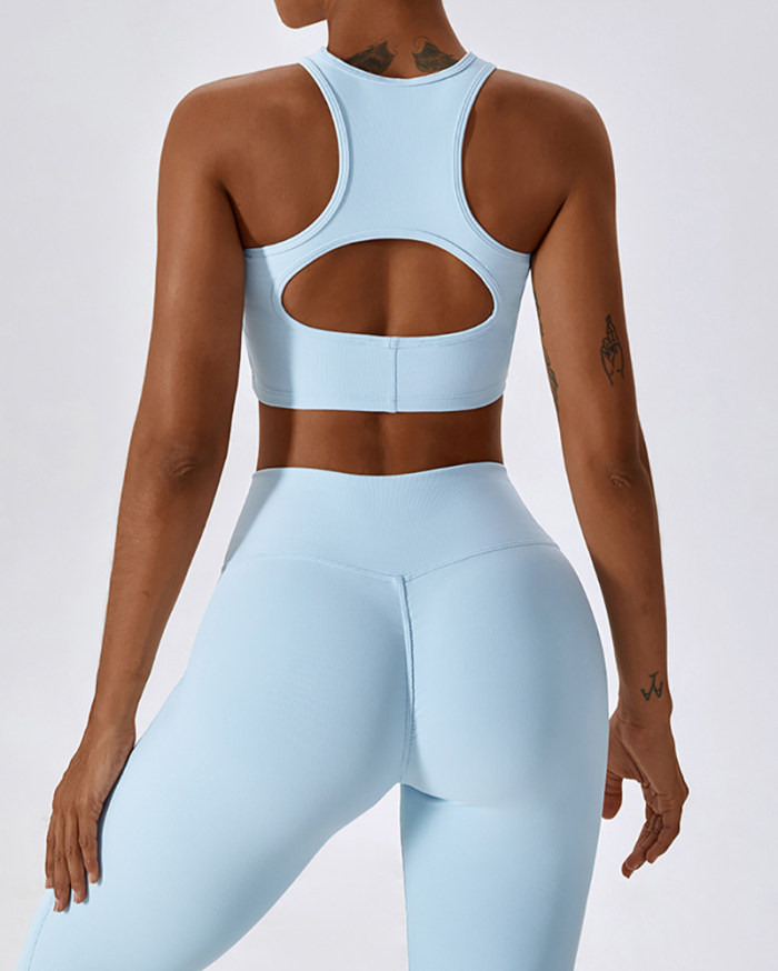 Women Hollow Back Sports Bra Criss Waist Flare Pants Sets Yoga Two-piece Sets Black Blue Green White S-XL