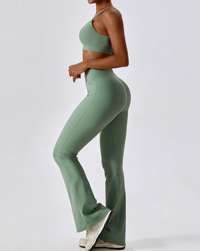 Woman Strappy Back Bra Criss Waist Flare Pants Sets Yoga Two-piece Set Black Green White Blue S-XL