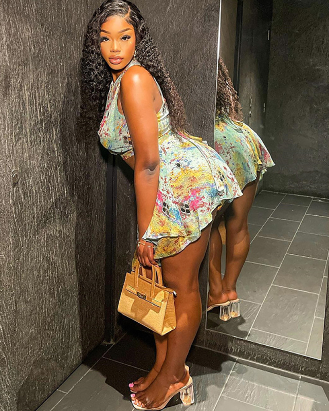 Digital Printed High Waist Two Piece Skirt Set