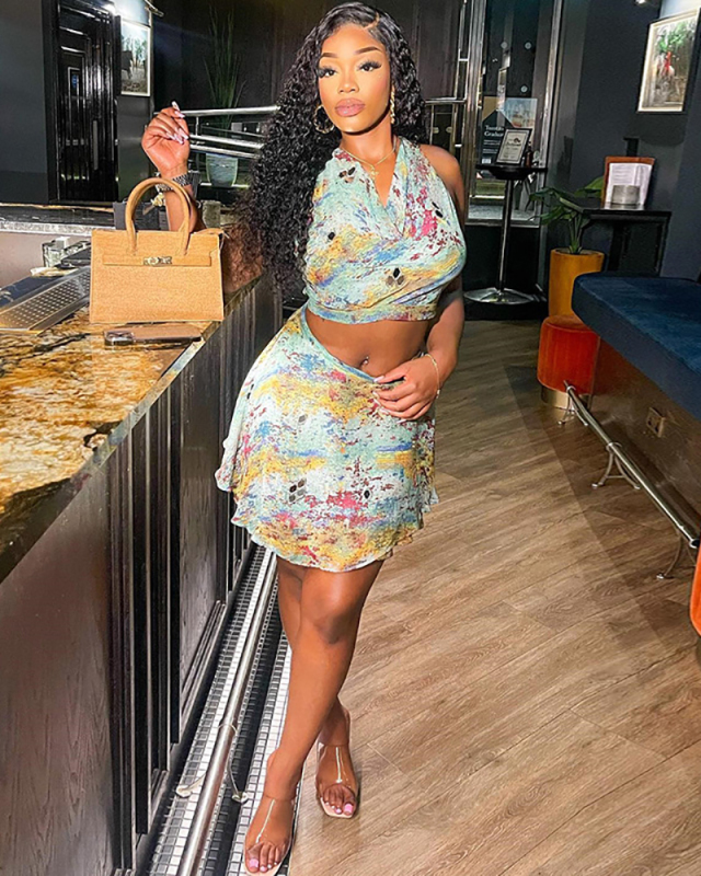 Digital Printed High Waist Two Piece Skirt Set