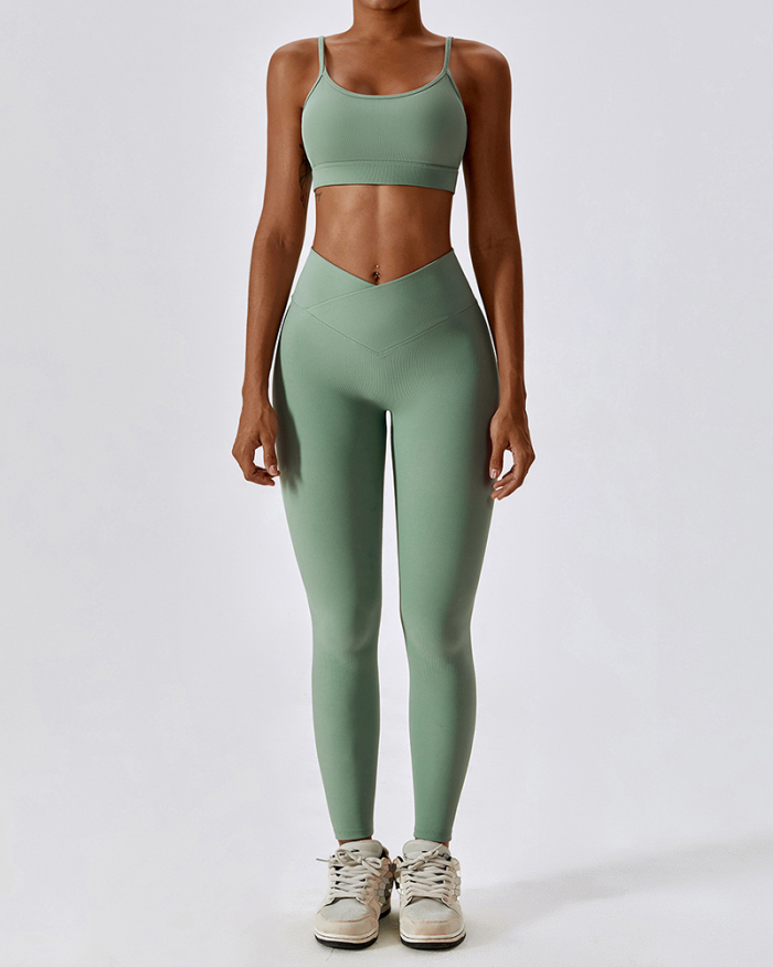 Strappy Back Bra Criss Waist Tights Women GYM Pants Sets Yoga Two-piece Sets Black Blue White Green S-XL