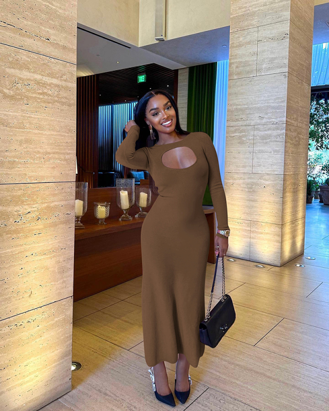 Long Sleeve Hollow Out Women Long Dress S-XL