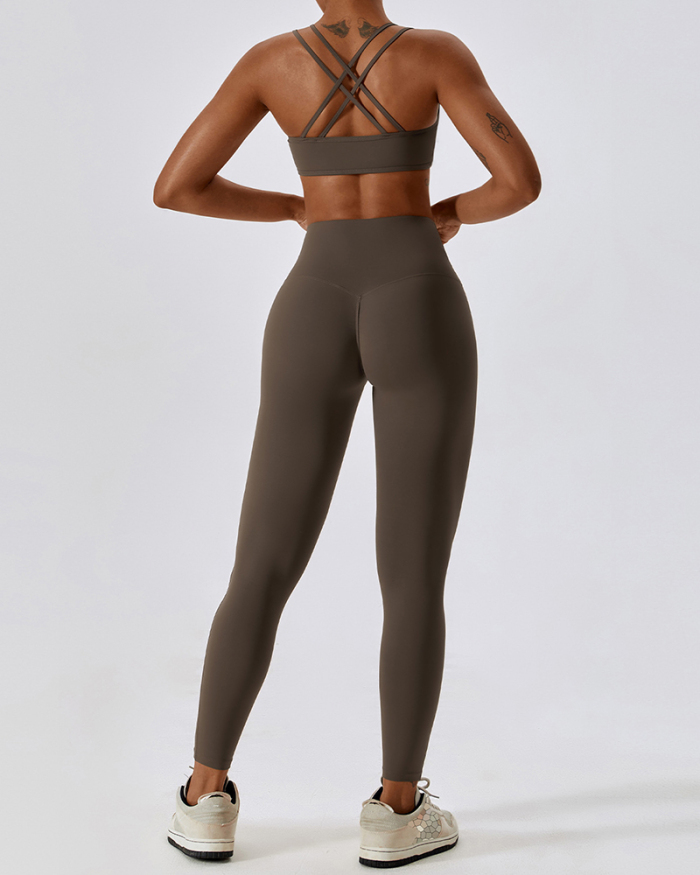 Quick-drying Breathable Slim Criss Back Yoga Two Pieces Pants Sets Black Gray Blue Apricot Coffee S-XL