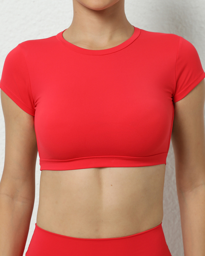 Women Tight Backless Running Fitness Short Sleeve T-shirt S-L