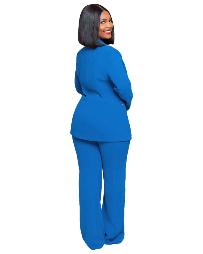 Blue Office Lady Women Two Piece Outfits Pant Set