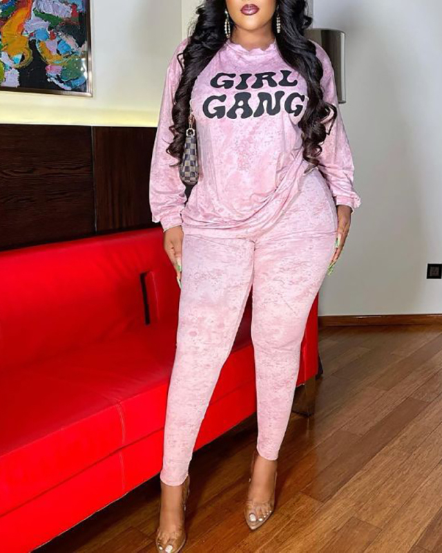 Printed Women New Pink Fashion Two Piece Pant Set S-XL