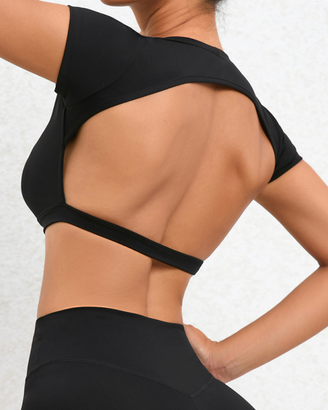 Women Tight Backless Running Fitness Short Sleeve T-shirt S-L