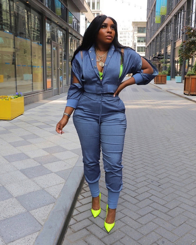 Long Sleeve Autumn Winter Unique Jean Cloth Two Piece Pant Set S-XXL