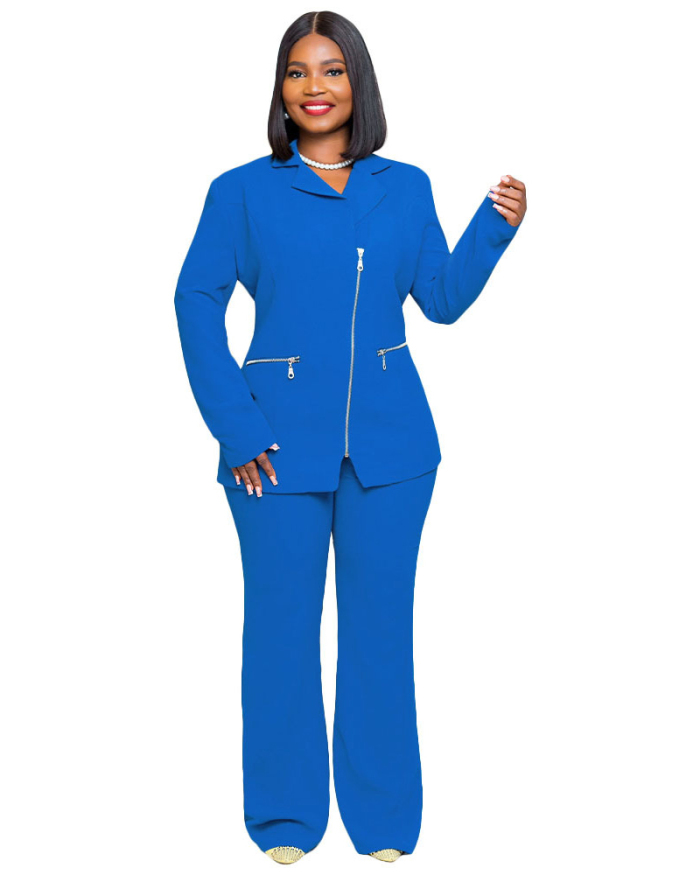 Blue Office Lady Women Two Piece Outfits Pant Set