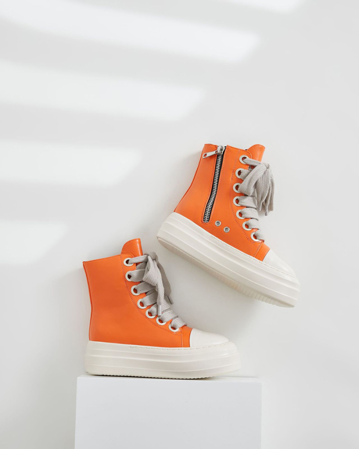 Orange Thick-soled High-top shoes for Women Thick laces Personalized Hip-hop Street Shoes