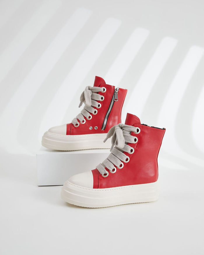 Red Thick-soled High-top shoes for Women Thick laces Personalized Hip-hop Street Shoes