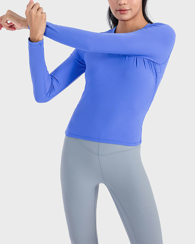 Long Sleeve Knit O Neck Ruched Waist Line Sports Top 4-12