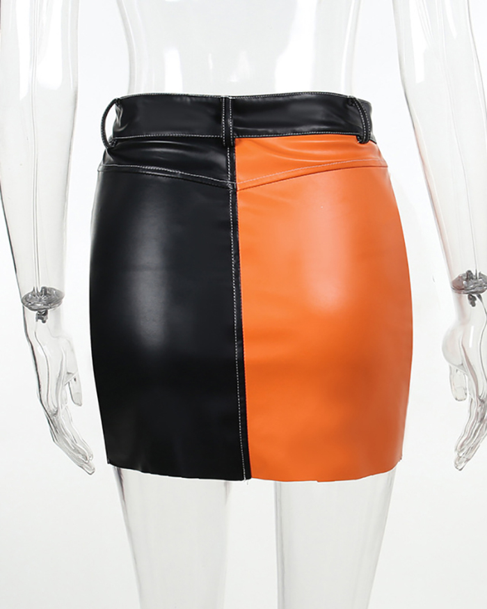 Orange PU Short Skirt  S-L