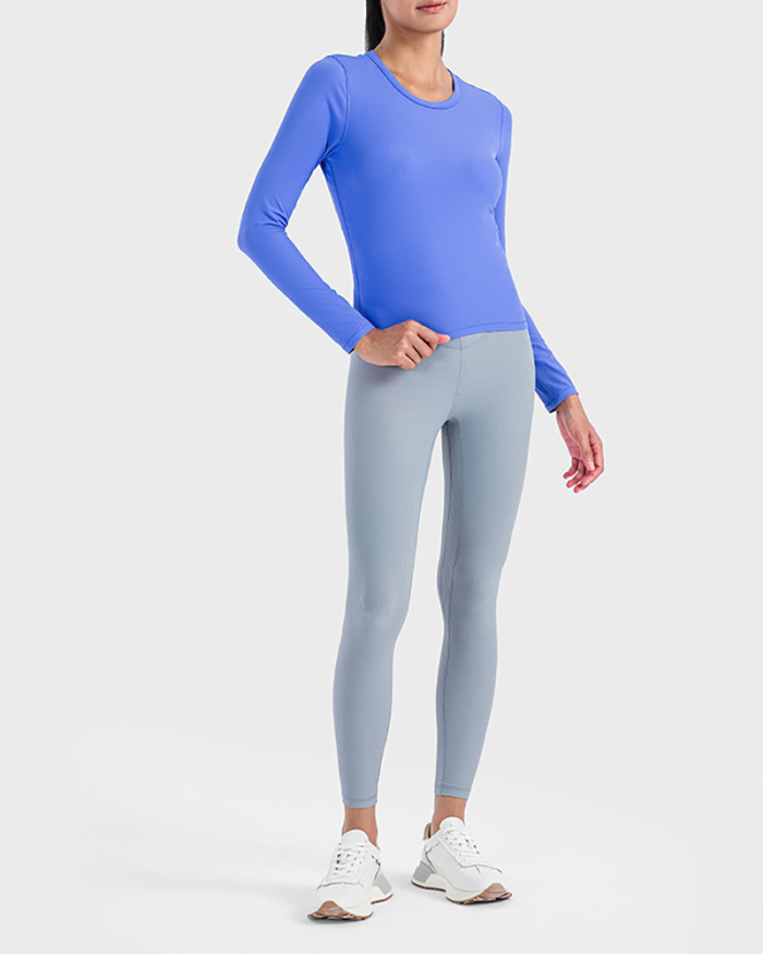 Long Sleeve Knit O Neck Ruched Waist Line Sports Top 4-12